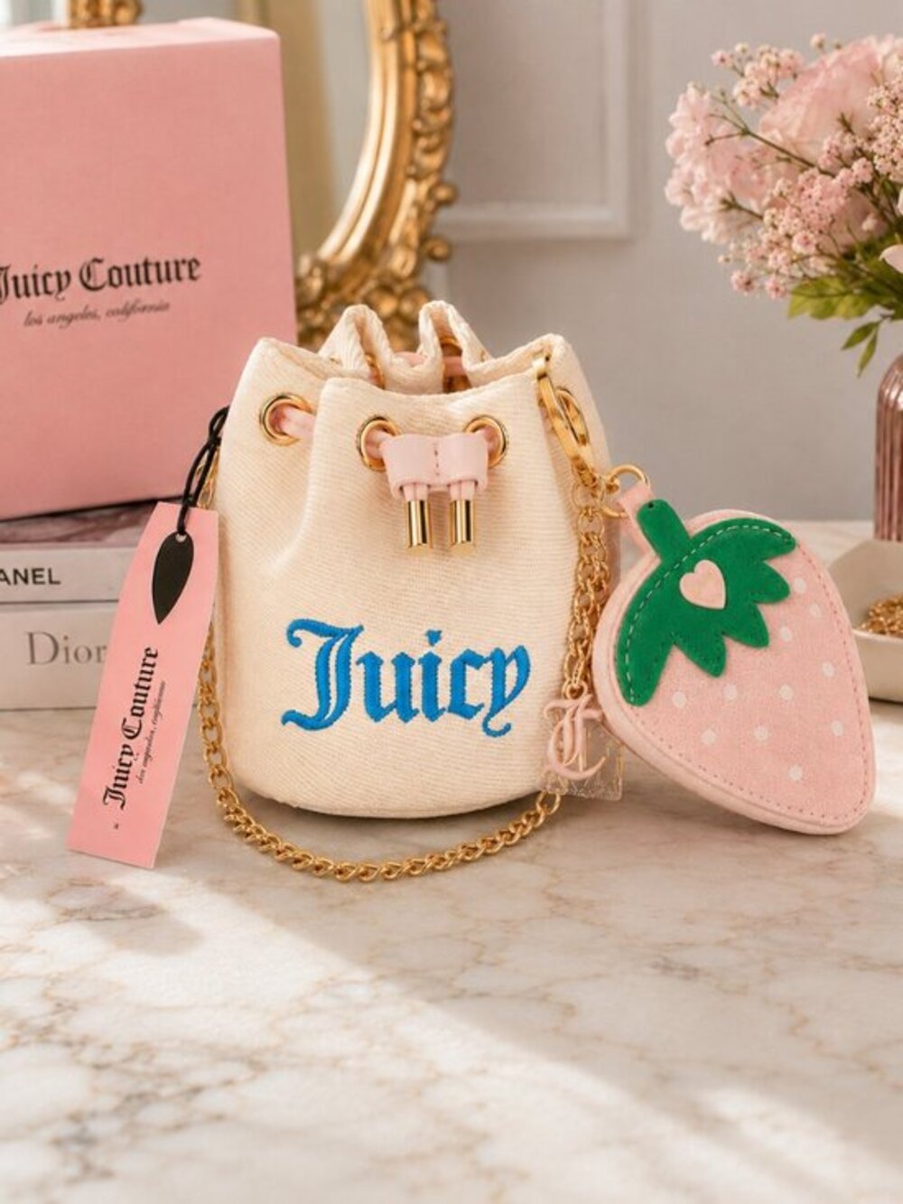 Juicy Couture Mini Canvas Bucket Bag Pink Strawberry Wristlet NWT
